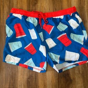 Vibrant Red and Blue Swim Trunks